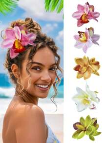One Piece Solid Color Tropical Hawaiian Orchid Bridal Headpiece - Exquisite Bohemian Style Fabric Flower Hair Clip With Oblong Alligator Side Design - Perfect For Weddings, Beach Parties