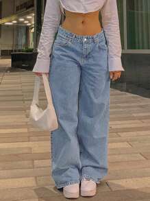 Jeans rectos y holgados con bolsillos para mujer - Lavado ligero - Ver 1