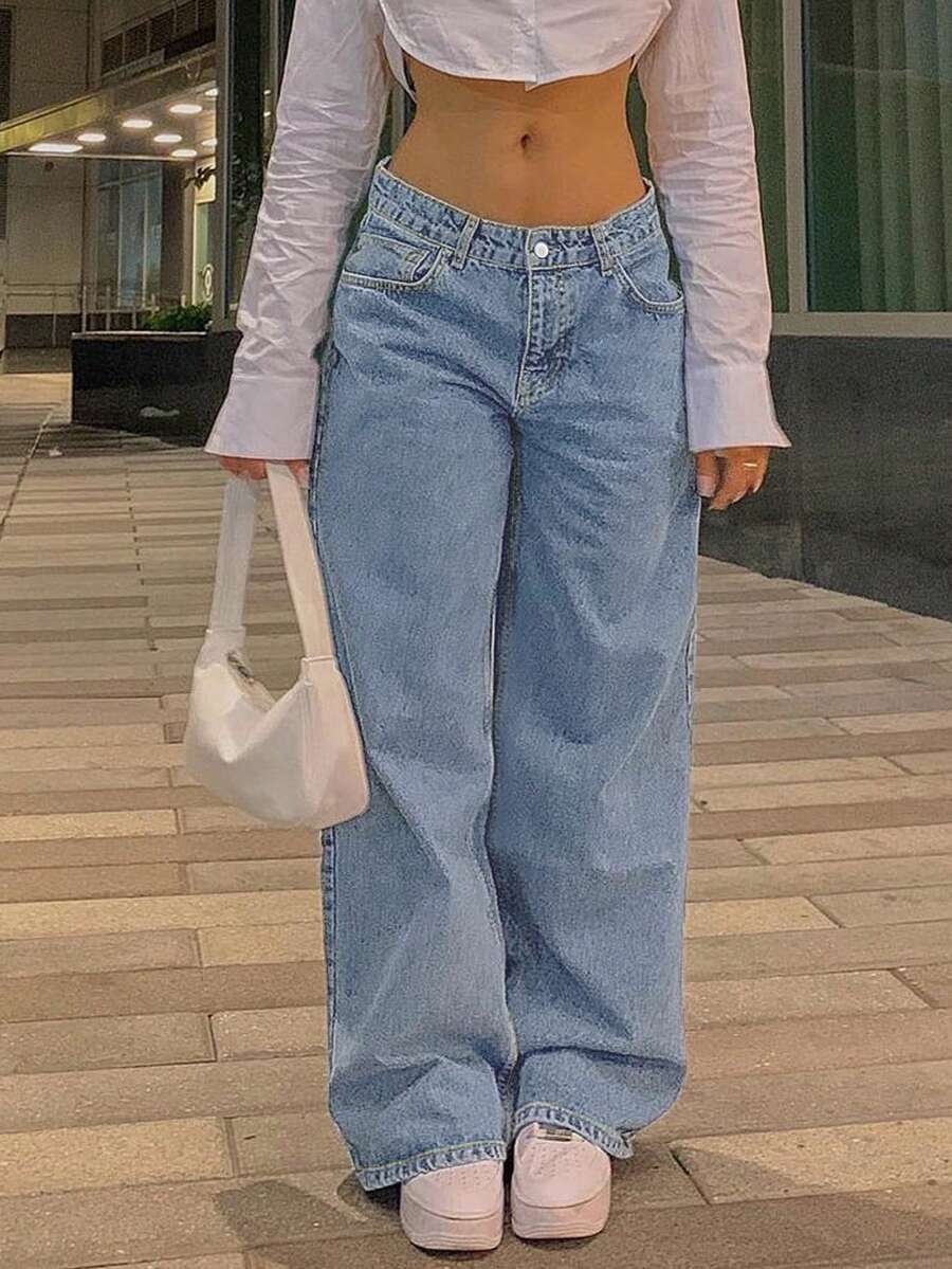 Jeans rectos y holgados con bolsillos para mujer - Lavado ligero - Ver 1