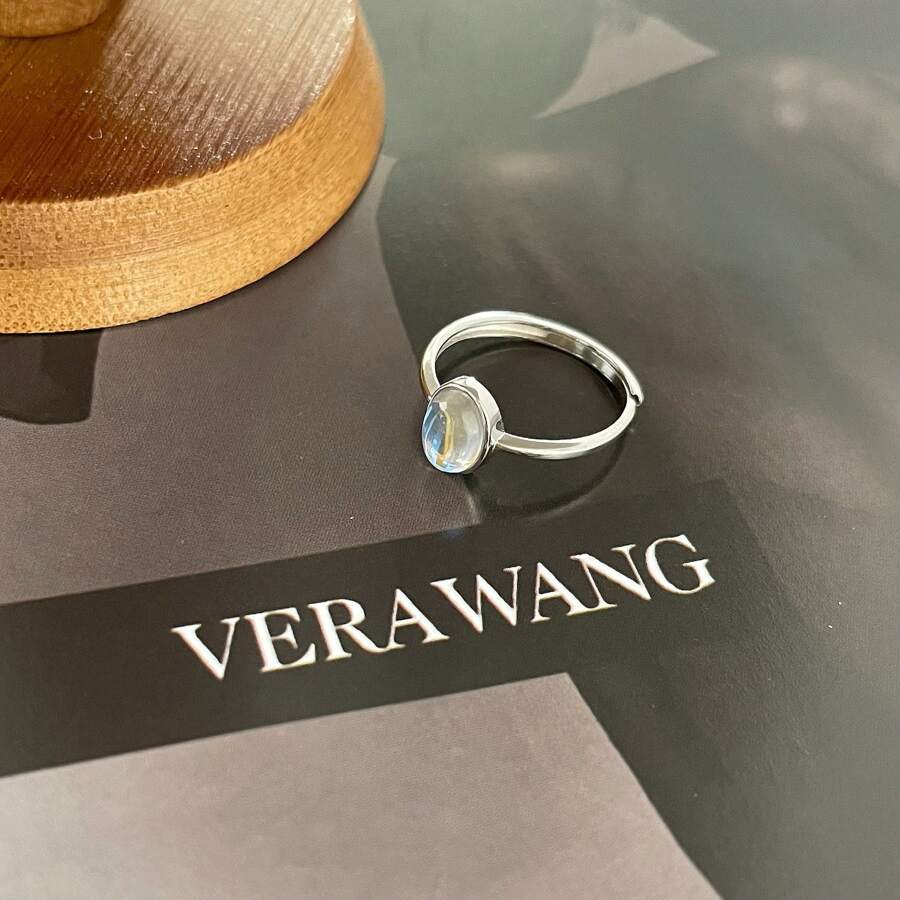 1 件复古嘻哈风格 925 纯银拉拉设计可调节戒指，带椭圆形黑玛瑙，适合女性日常佩戴 - 月光石 - 查看 1