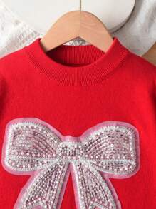 Toddler/Little Girls Cute Butterfly Knitted Pullover Sweater, Suitable For Everyday Wear In Spring, Autumn & Winter - Red - View 3