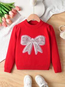 Toddler/Little Girls Cute Butterfly Knitted Pullover Sweater, Suitable For Everyday Wear In Spring, Autumn & Winter - Red - View 1