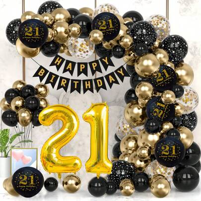 Decorazione per festeggiare il 20°, 21°, 50°, 60°, 70° compleanno - Kit di decorazione colore nero e oro, decorazioni con palloncini per festa di compleanno, bandiera e arco "Buon compleanno", coriandoli colorati e palloncini per festa di compleanno