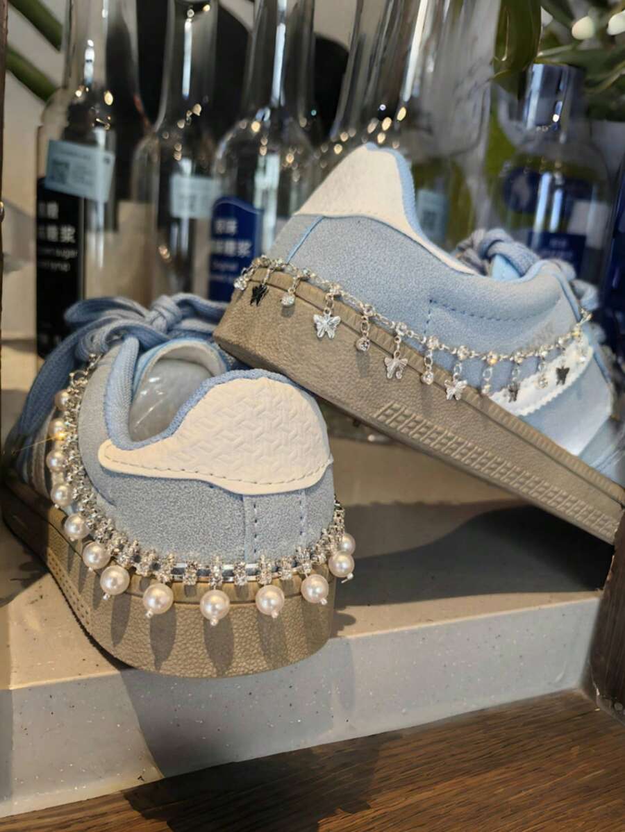 1pc New Ballet Pearl Studded Rhinestone Heel Chain, High-End Shoe Chain With Butterfly And Star Bling Decoration - Silver - View 1