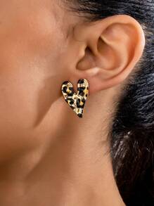 Set de 2 piezas/6 piezas/8 piezas de pendientes de diseño de corazón arrugado con estampado de leopardo de aleación de zinc para mujeres, pendientes de corazones lindos para Día de San Valentín, Fiesta, Mamá, Madre, Día de la Madre, Regalo - amar - Ver 2