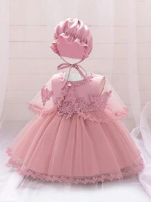 3 件套女婴 0-2 岁蕾丝迷你连衣裙套装，白色洗礼长袍适合角色扮演派对 - 藕粉色 - 查看 2