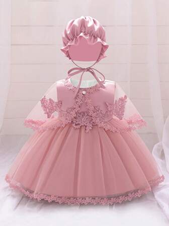 3pcs Baby Girls 0-2 Years Old Lace Mini Dress Set, White Christening Gown Suitable For Role Play Party