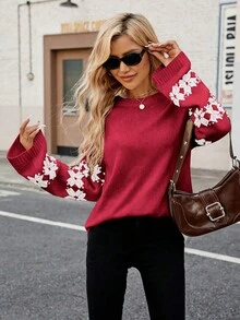 Women's High Quality Christmas Snowflake Pattern Sweater, Flare Sleeve Round Neck Top - Red - View 2