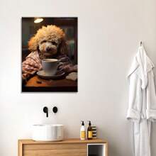 1pc Wooden Indoor,Charming Dog With Coffee Canvas Wall Art - Easy-Hang Framed Decor For Bedroom & Living Room, Unique Animal Poster Gift Idea