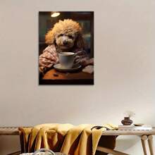 1pc Wooden Indoor,Charming Dog With Coffee Canvas Wall Art - Easy-Hang Framed Decor For Bedroom & Living Room, Unique Animal Poster Gift Idea