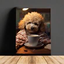1pc Wooden Indoor,Charming Dog With Coffee Canvas Wall Art - Easy-Hang Framed Decor For Bedroom & Living Room, Unique Animal Poster Gift Idea