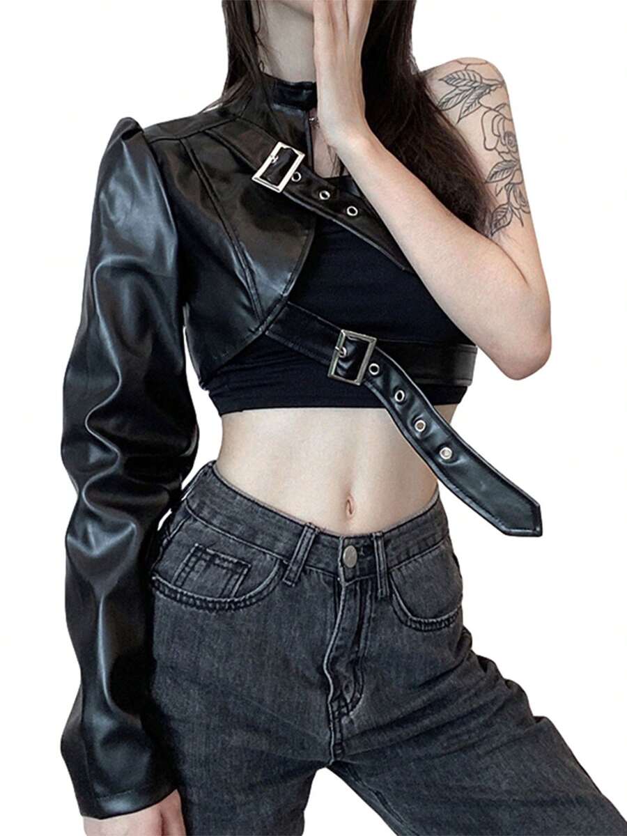 Goth Techwear Leather Crop Tops Coat Motorcycle Riding Shirt For Women - 黑色 - 查看 1