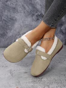 Scarpe da donna flat, ciabatte casual imbottite, con punta tonda e suola morbida, con gancio e lacci, alla moda e calde, colori beige, caffè, verde chiaro