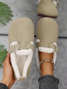 Scarpe da donna flat, ciabatte casual imbottite, con punta tonda e suola morbida, con gancio e lacci, alla moda e calde, colori beige, caffè, verde chiaro