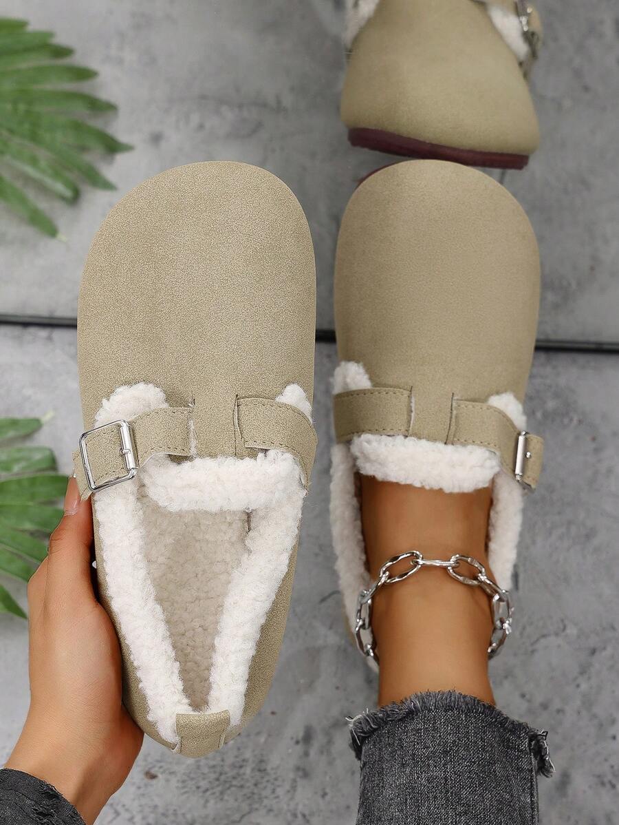 Scarpe da donna flat, ciabatte casual imbottite, con punta tonda e suola morbida, con gancio e lacci, alla moda e calde, colori beige, caffè, verde chiaro