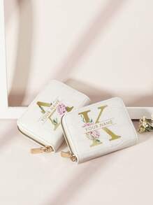 定制姓名签名鳄鱼印花字母花朵时尚多卡位卡包钱包短款钱包，情人节、母亲节、生日礼物，女士钱包和包包