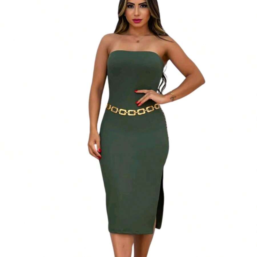 Women's Strapless Dress With Side Slit - 軍綠色 - 查看 1