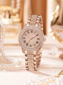6pcs Gorgeous Style Women's Alloy Steel Band Quartz Watch With Rhinestone Set, Three Eyes Roman And Alloy Gold Jewelry Set, Heart Point Rhinestone Evening Party Valentines - Rose Gold - View 3