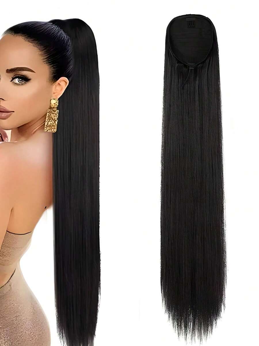 36 英寸合成长直自然合成发黑色马尾辫带抽绳，适合女性日常、派对或活动穿着 - 彩色 - 查看 1