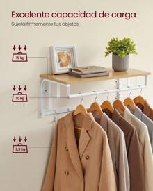 VASAGLE Perchero de Pared, Perchero Colgante con 5 Ganchos Extraíbles, Estante Montado en Pared, Barra de Colgar, para Pasillo, Dormitorio, Sala de Estar, Roble Dorado y Blanco Nube - Blanco - Ver 4