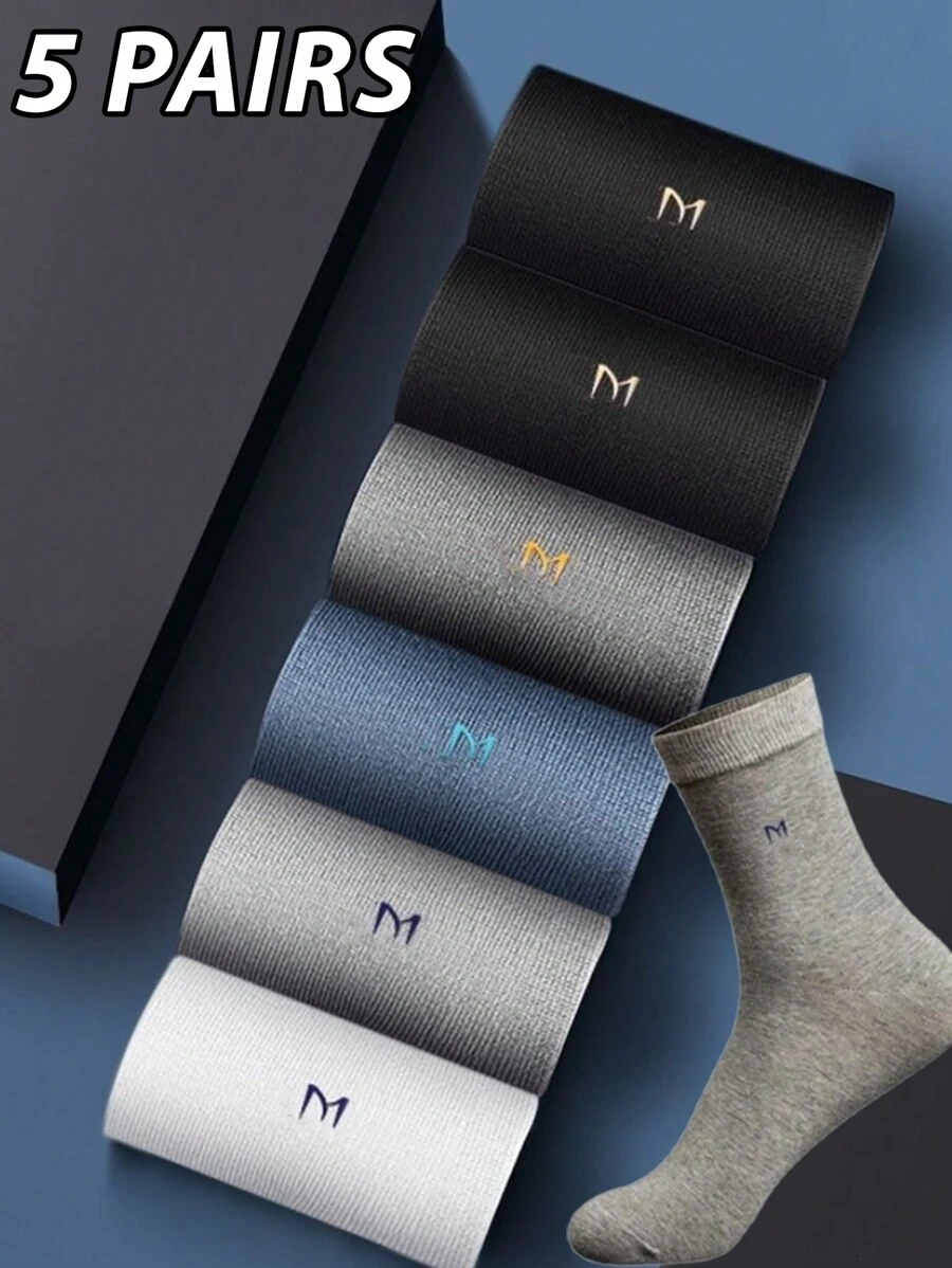 5 Pairs Men's Business Casual Socks, Antimicrobial (97% , 3% Spandex), Breathable, Moisture Wicking, Odor Resistant, Versatile Crew Socks With Letter Patterns - Random Color Shipped, Fall - Multicolor - View 1