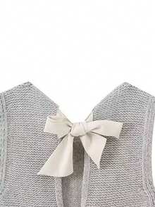 Women Sleeveless Knit Vest Top Open Back Bowknot Up Crochet Crop Top Casual Vintage Y2k Sweater - Grey - View 4