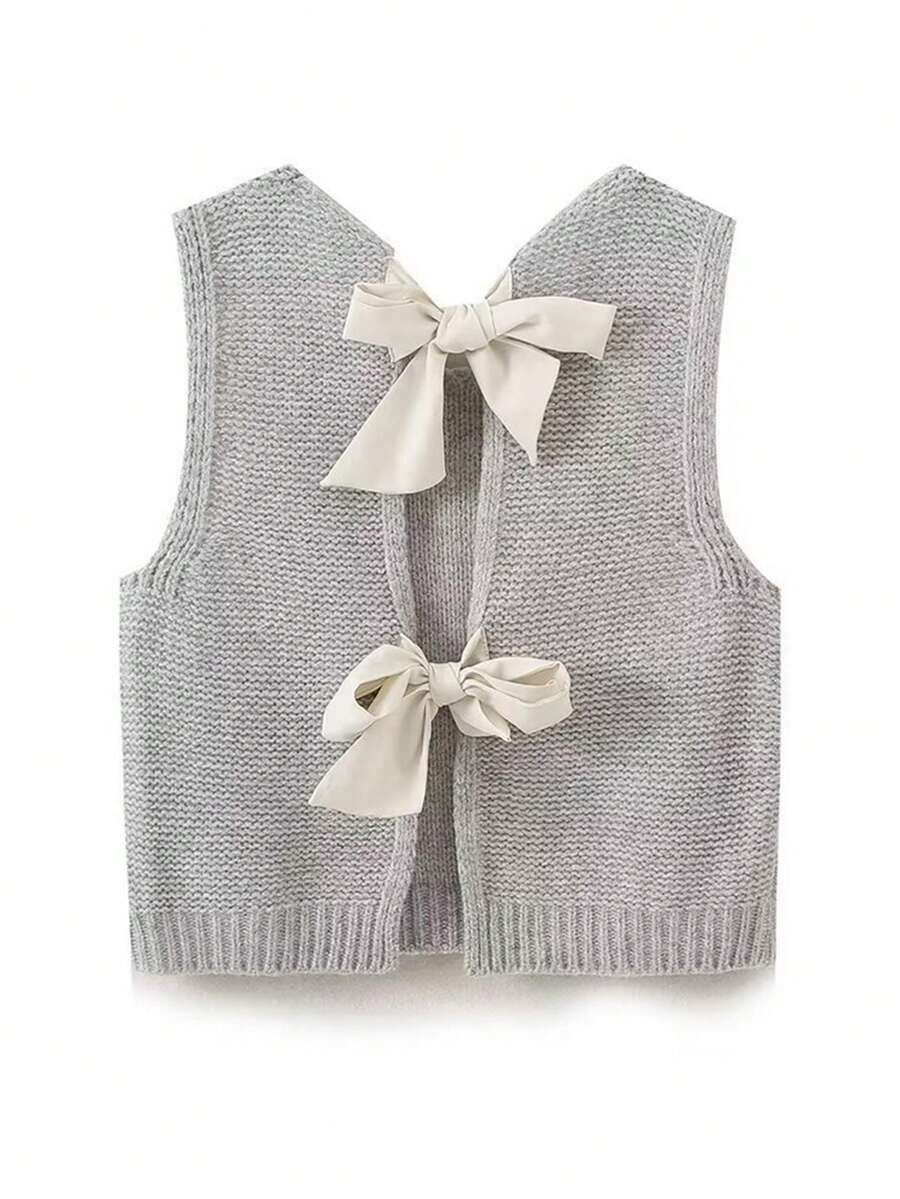 Women Sleeveless Knit Vest Top Open Back Bowknot Up Crochet Crop Top Casual Vintage Y2k Sweater - Grey - View 1
