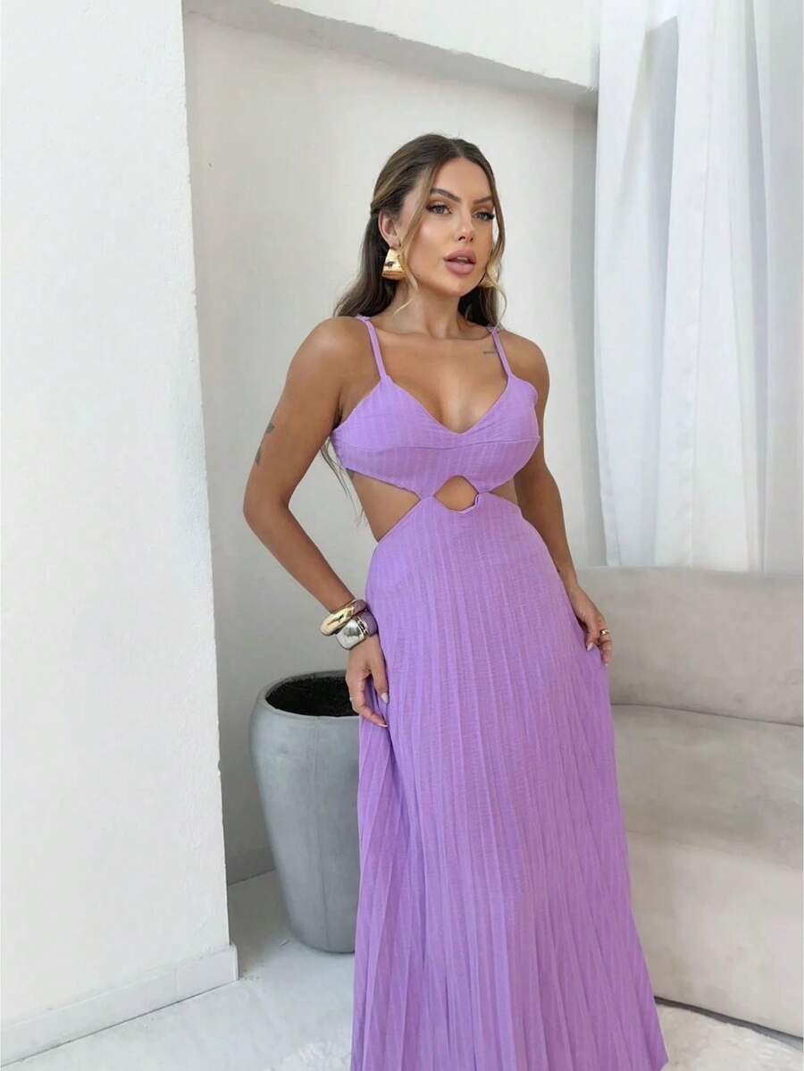 Long Dress With Pleated Cutouts And Padded Bra - 紫丁香色 - 查看 1