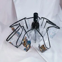 1 件棕色小狗印花可折叠 PVC 雨伞，适合旅行、通勤、防风防水、拍照、艺术、礼物、公主风格、男女通用、多种颜色可选 - 彩色 - 查看 4