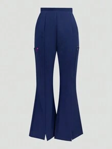 2pcs Solid Color V-Neck Short Sleeve Top And Slit Pants Lab Coat Nurse Uniform Scrub Set Service Uniform Scrub Set For Pet Clinics, Private Care And Hospital, With Pockets - Royal Blue - View 6