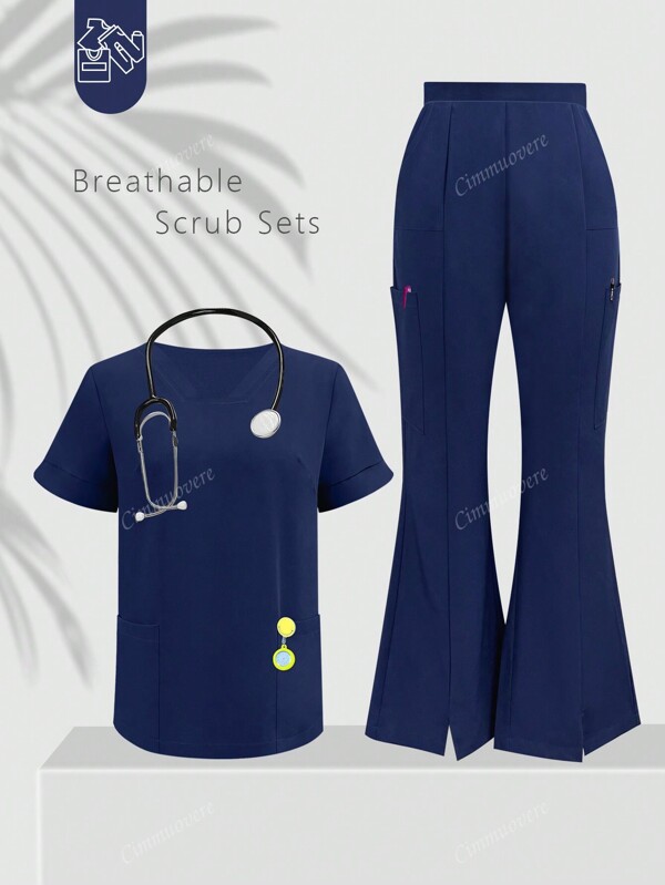 2 bucăți de culoare solidă, cu decolteu în V, cu mâneci scurte și pantaloni cu fante, haină de laborator, set de uniforme de asistentă, set de scrub pentru uniforme de serviciu, pentru clinici pentru animale de companie, îngrijire privată și spital, cu buzunare