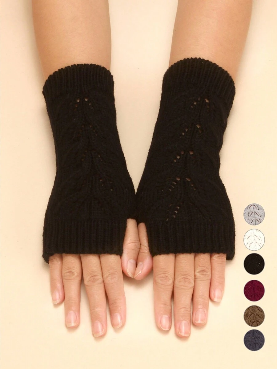 1 双女士镂空针织露指手套，保暖手套，适合秋冬季日常使用 - A - 查看 1