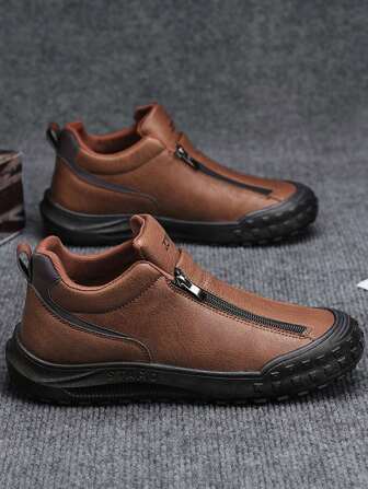 Men's Outdoor Sports Casual Driving Shoes, Non-Slip Work Shoes, Breathable Summer Sneakers, Street Fashion Black Leather Shoes, Warm Fluffy Lined Ankle Boots For Autumn/Winter, Minimalist One-Touch Zipper Closure Athletic Leisure Shoes