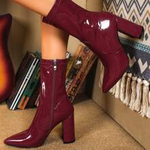 Match With Sweater,Women's Sexy Mirror-Effect Solid Pointed Toe Tight Fit Mid-Calf Boots With Chunky Heels, Fashion Short Boots For Autumn/Winter