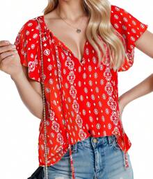 Women's Boho Tops Floral V Neck Short Sleeve Summer Blouse Shirts - Đỏ - Xem 1