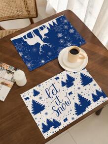 1 Stück/4 Stück/6 Stück, Weihnachten Winter Tisch-Platzsets, Weihnachten blaue Grünpflanzen Schneeflocken Rentier Leinen Platzsets, schmutzabweisende Platzsets, geeignet für Zuhause, Esszimmer und Restaurant, Tischdekor, Heimwaren