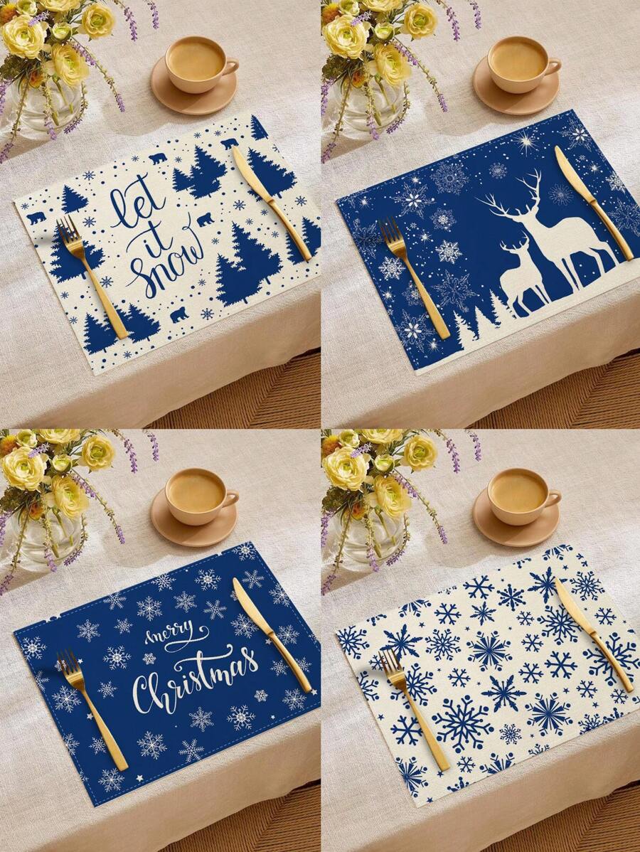 1 Stück/4 Stück/6 Stück, Weihnachten Winter Tisch-Platzsets, Weihnachten blaue Grünpflanzen Schneeflocken Rentier Leinen Platzsets, schmutzabweisende Platzsets, geeignet für Zuhause, Esszimmer und Restaurant, Tischdekor, Heimwaren