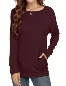 Sweatshirts For Women Crewneck Long Sleeve Shirts Tunic Tops For Leggings Fall Fashion - 酒紅色 - 查看 4