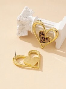 1 cặp hoa tai hình trái tim họa tiết da báo rỗng phong cách tối giản sang trọng đa năng của châu Âu dành cho ngày lễ tình nhân, mẹ, mẹ, ngày của mẹ, quà tặng - Vàng - Xem 4