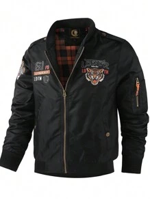 LEDUNTINO Men's New Fashion Tiger Embroidery Bomber Jacket With Zipper And Multiple Pockets, Lightweight Casual Jacket Suitable For Spring And Autumn Outdoor Activities - Black - View 1