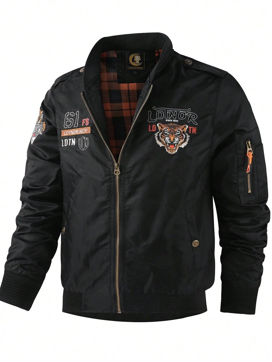LEDUNTINO Men's New Fashion Tiger Embroidery Bomber Jacket With Zipper And Multiple Pockets, Lightweight Casual Jacket Suitable For Spring And Autumn Outdoor Activities - Black - View 1