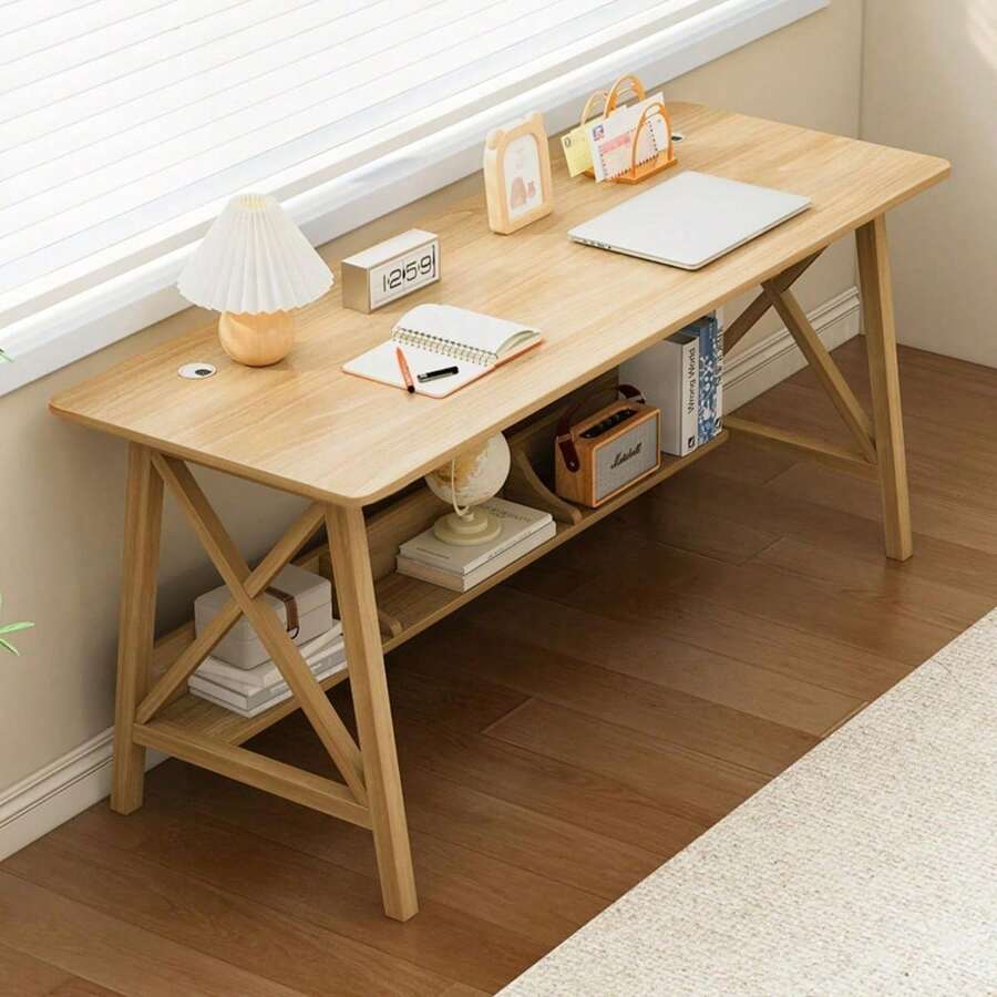 Extra Long Desk With Bookshelf Solid Wood Home Office Work Study