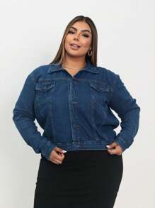 WOMEN'S CASUAL PLUS SIZE JEANS JACKET - Azul lavado oscuro - Ver 4