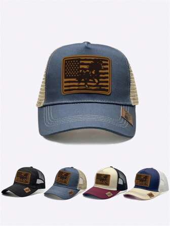 1pc Unisex Casual & Fashionable Baseball Mesh Cap With Wild Horse And American Flag Background, Perfect Combination Of Nature And Patriotism