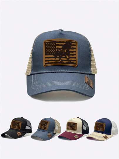 1pc Unisex Casual & Fashionable Baseball Mesh Cap With Wild Horse And American Flag Background, Perfect Combination Of Nature And Patriotism