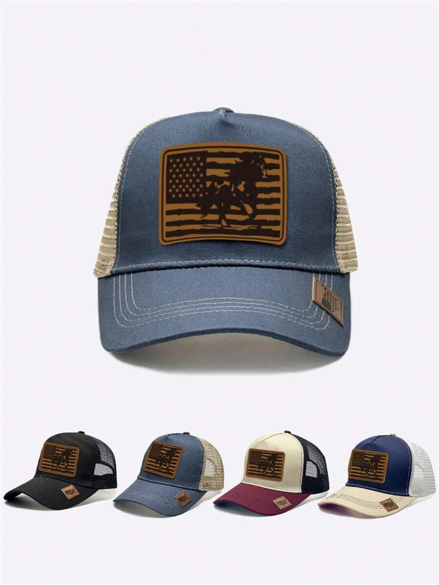 1 件男女通用休闲时尚棒球网帽，带有野马和美国国旗背景，是自然与爱国主义的完美结合 - 國旗小馬 - 查看 1