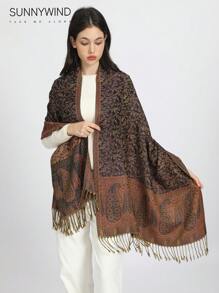 1pc Premium Paisley Jacquard Scarf, Suitable For All Seasons - Navy Blue - View 4