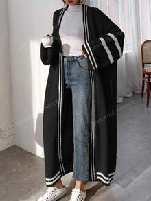 Cárdigan largo de punto elegante con rayas blancas en el borde, elegante, de moda casual de Europa y Estados Unidos para mujeres en otoño e invierno
