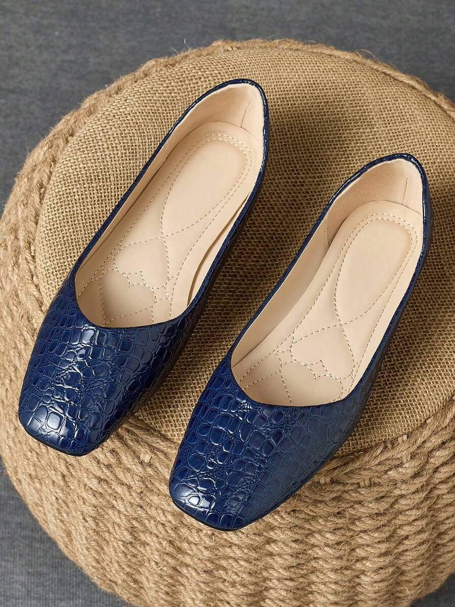 女士方头浅口平底休闲办公通勤鞋，黑色，百搭，适合秋季穿着 - 藏蓝色 - 查看 1