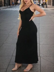 Women Solid Color Long Casual Spaghetti Strap Dress, Summer Elegant Black - Black - View 4